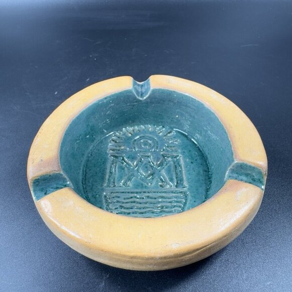 Vintage Mexican Pottery Ashtray Dish Green Teal Aztec Clay Hand Made Decor Dish - Picture 8 of 13